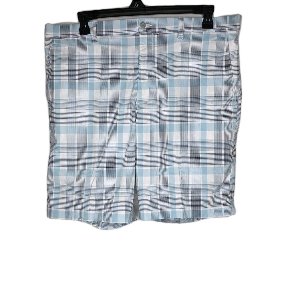 PGA Tour Golf Shorts Mens 38 Blue Plaid Flat Front Slash Pocket Casual Active